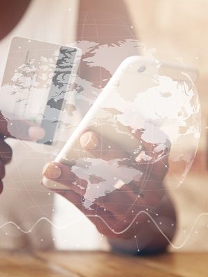 Double exposure, visual effects. Woman verifying account balance on smart phone with mobile banking application. Female hands shopping online, inputting credit card information using smart phone